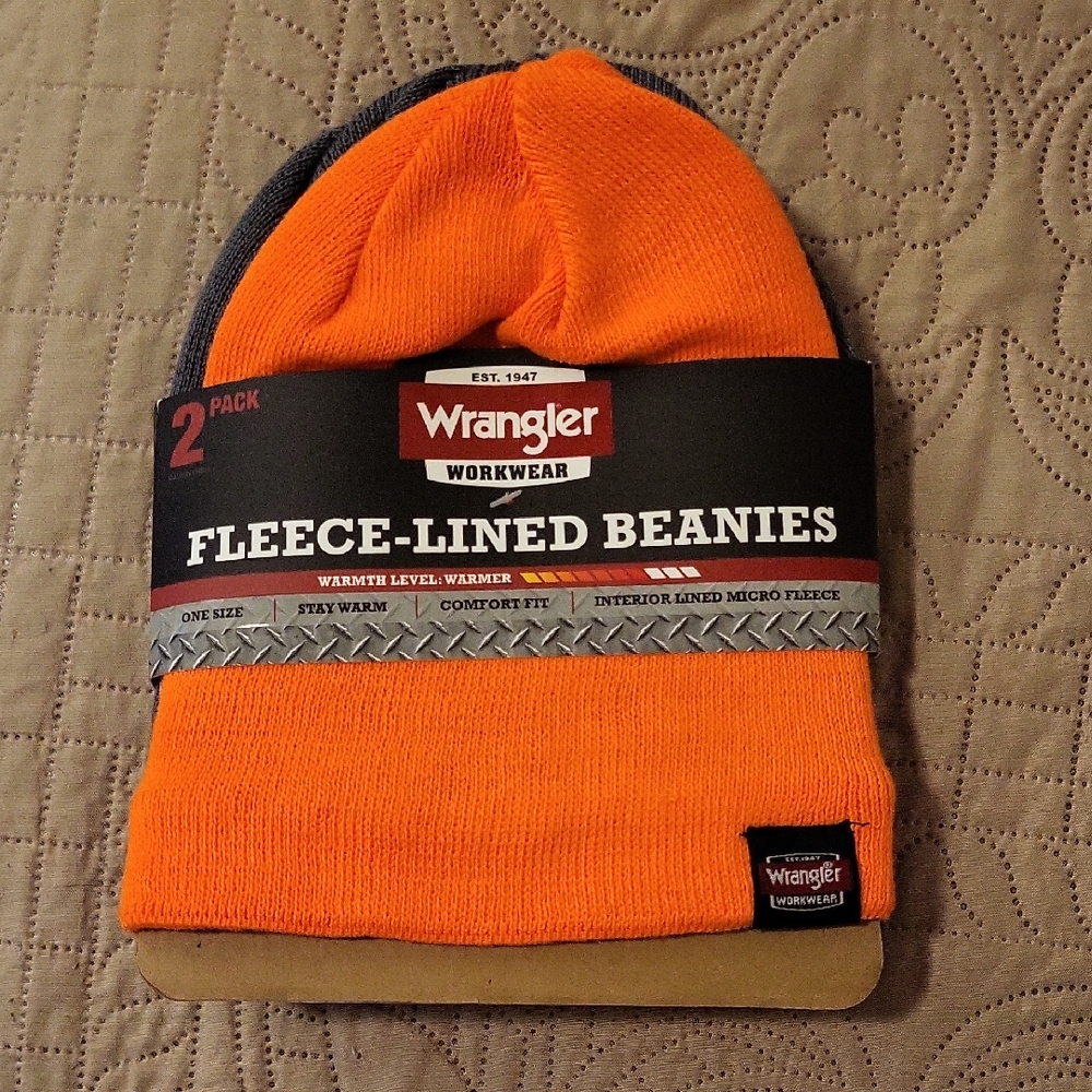 Two Wrangler Bright Orange And Grey Fleece-Lined Beanies